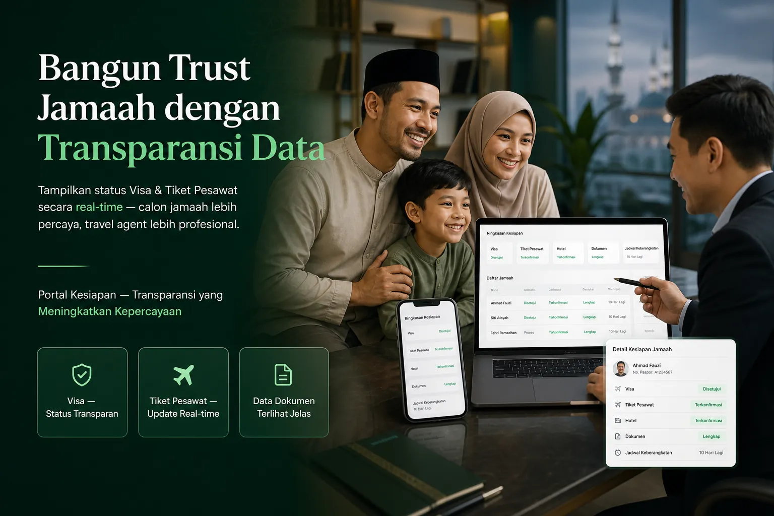 Visual Portal Kesiapan — keluarga dan agen melihat status visa serta tiket secara transparan