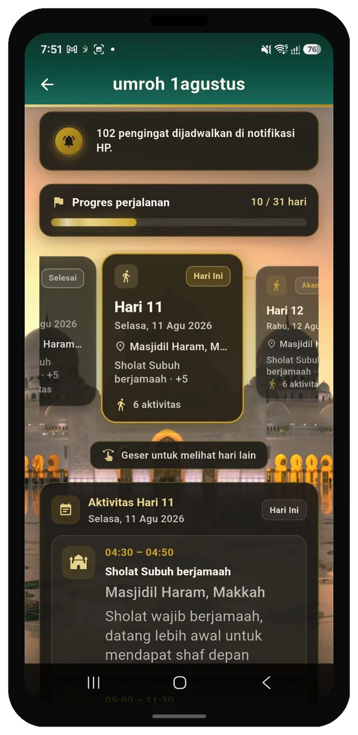 Tampilan itinerary umroh di aplikasi Safar Nova