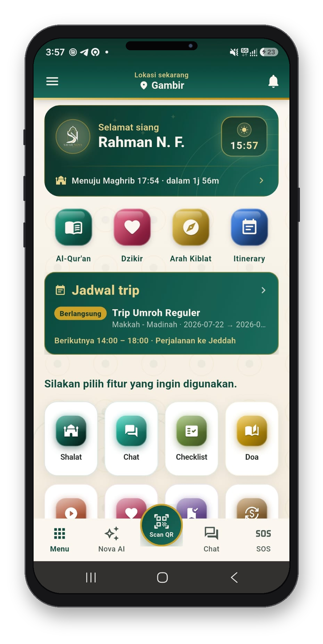Tampilan beranda aplikasi Safar Nova di ponsel